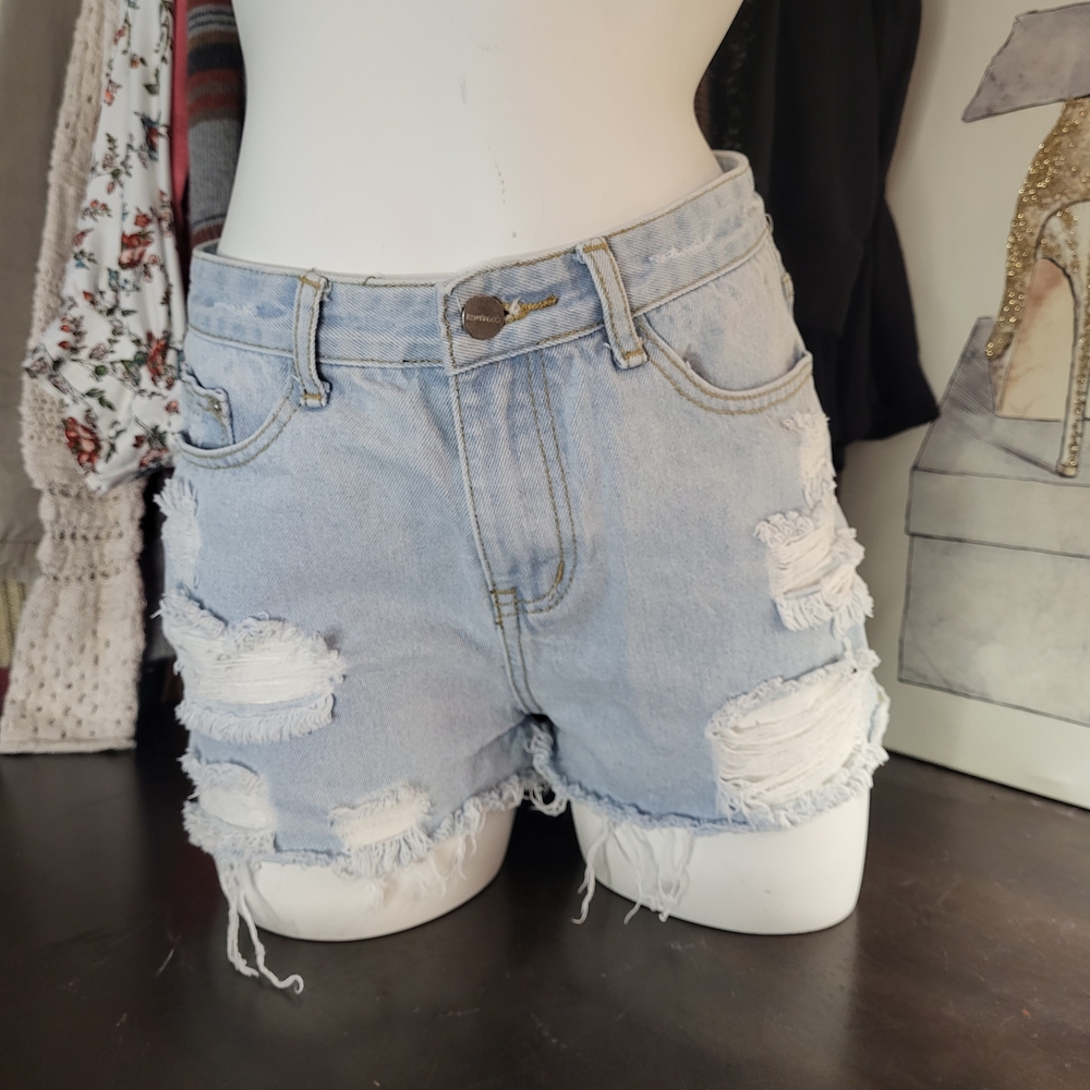 Blue Distressed Jean Shorts with Raw Hem
